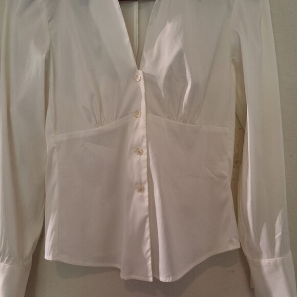 Trina Turk Ivory Long Sleeve Fitted Bodice Collared V-Neck Button-Up Shirt Sz M - Picture 4 of 7